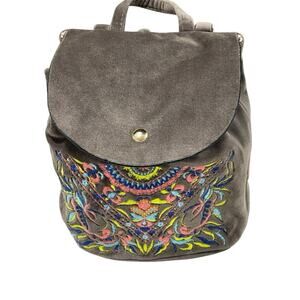 Beautiful Embroidered Mini Backpack Brown Suede With Snap Button Closure-Travel